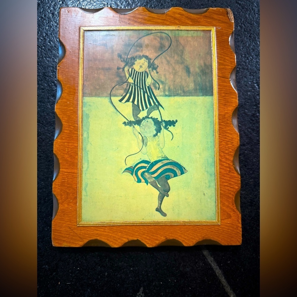 Graciela Rodo Boulanger "Two Girls Jumping Rope" Print mounted on a wood plaque.